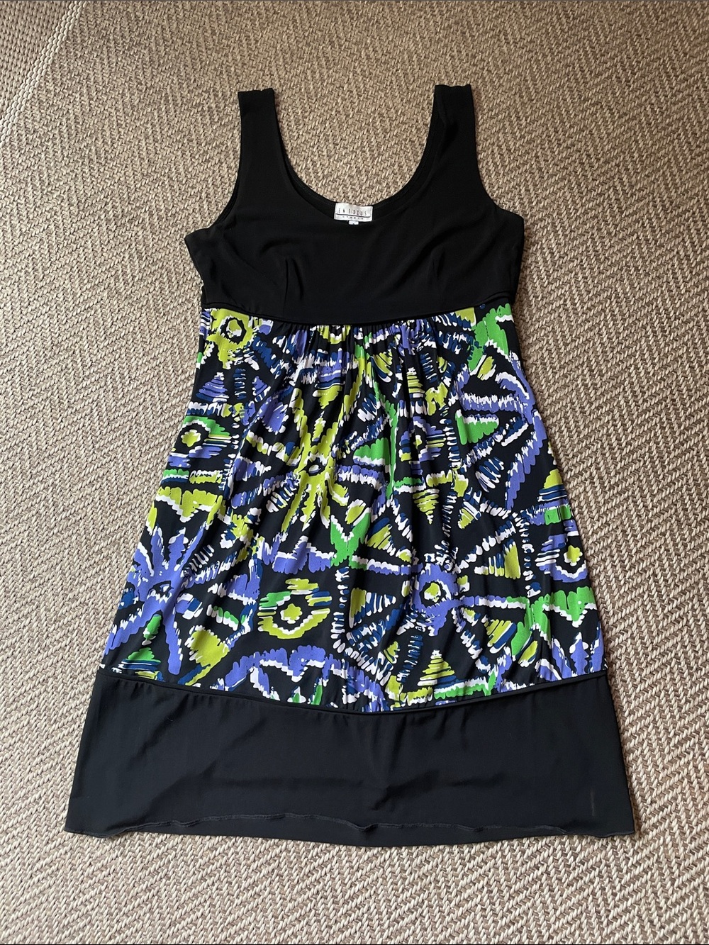 Women’s Black Tank Dress with Blue & Green Print, size 6